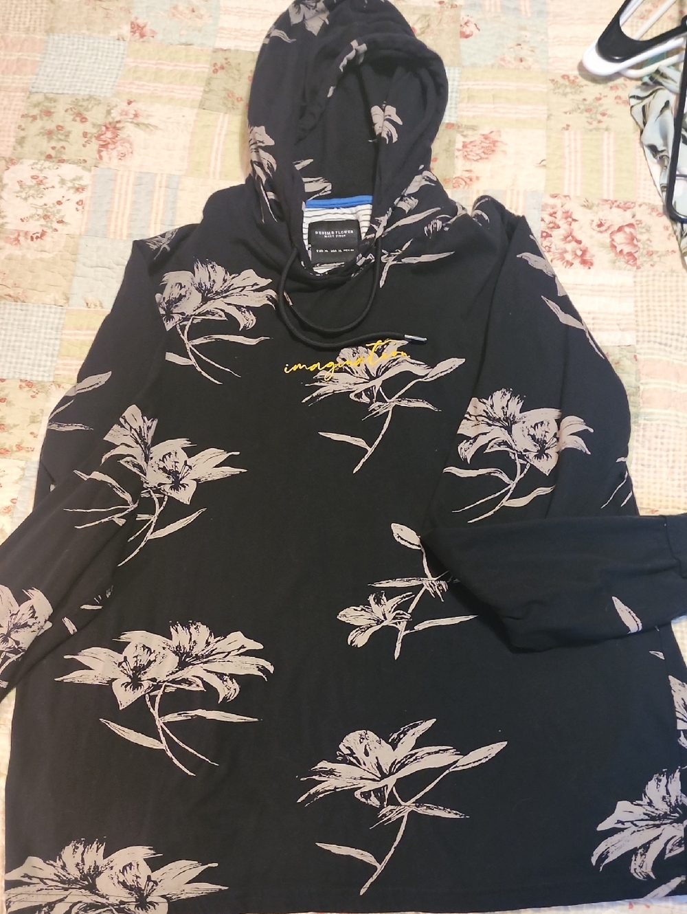 Denim & Flower Black Hoodie with Beige Floral Print and Blue Trim